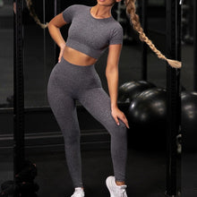 Load image into Gallery viewer, Seamless Yoga Sport Fitness Set Running Leggings with Short Sleeve Tops
