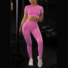 Load image into Gallery viewer, Seamless Yoga Sport Fitness Set Running Leggings with Short Sleeve Tops
