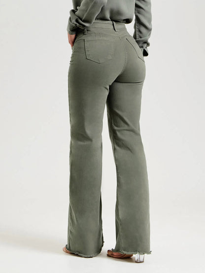 Slim Fit Stretch Solid Color Frayed Flared Fashion Pants