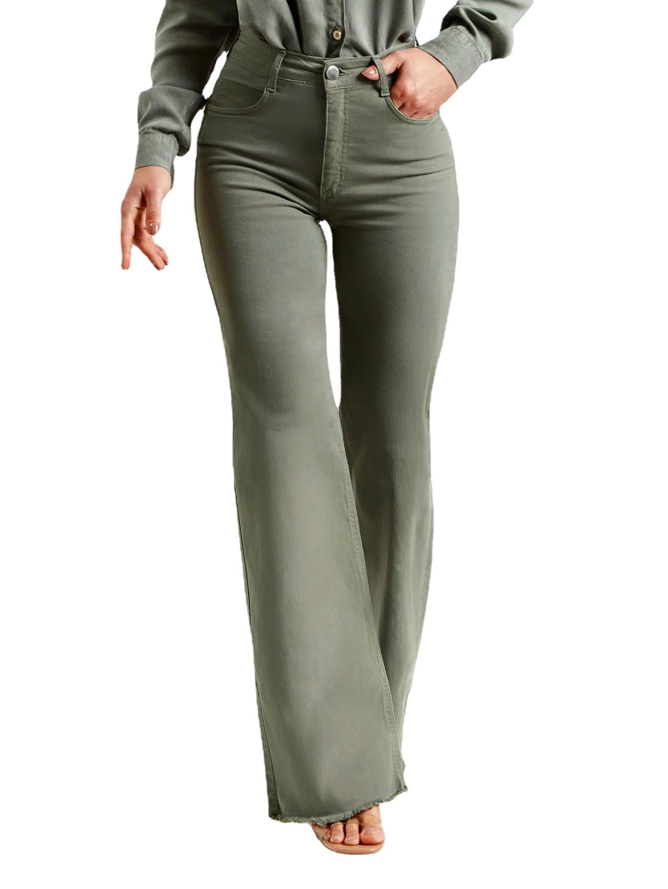 Slim Fit Stretch Solid Color Frayed Flared Fashion Pants